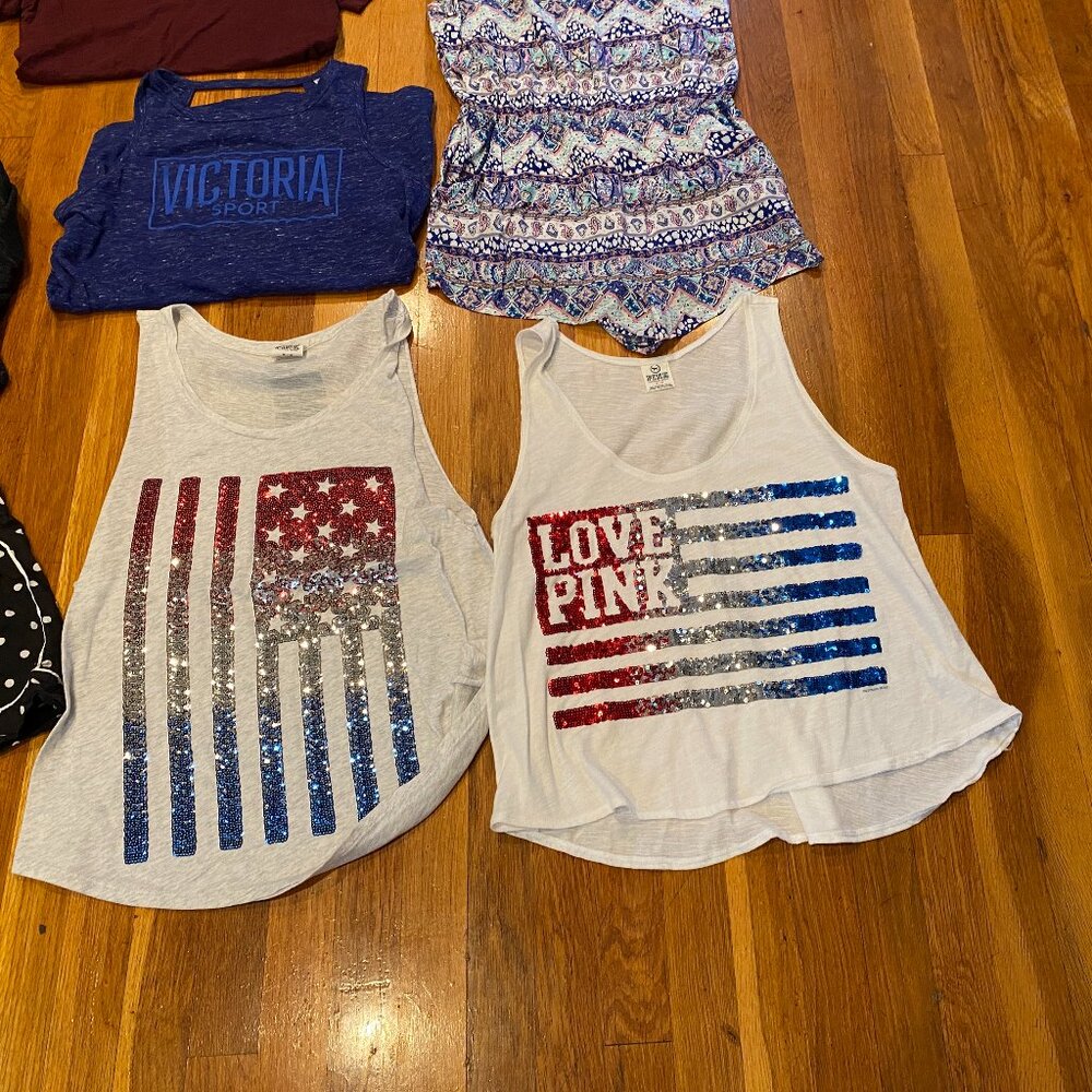 VS PINK Huge Lot of 8 Hoodie, Sequin Tanks, Yoga Pants, Romper READ DETAILS!!